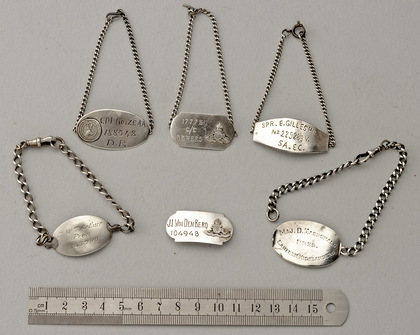 South African Military World War II Silver Identification Dog Tags (Collection of 6) - Egyptian Hallmarks, Wrist bands